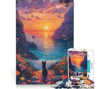 Rompecabezas de 1000 Piezas para Adolescentes: Gato Viendo la Puesta de Sol Junto al mar Juguetes para armar, Ideal para la interacción Entre Padres e Hijos cumpleaños 50x75cm