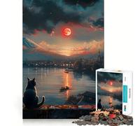 Rompecabezas de 1000 Piezas para Adolescentes Gato Viendo la Puesta de Sol sobre Japón Juego de Ajuste Actividad para el Cerebro Tiempo de Juego Relajante Actividad de cumpleaños (50x75cm)