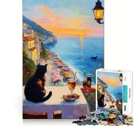 Rompecabezas de 1000 Piezas para Adolescentes Gato Viendo la Puesta de Sol sobre la Costa Italiana Arte de Corte Limpio Rompecabezas de lógica Juego de Ocio Regalo de cumpleaños (50x75cm)