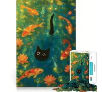 Rompecabezas de 1000 Piezas para Adolescentes Gato y Estanque de Carpas koi,Pintura de Arte de Corte Fino,Entrenamiento de concentración,Juego Divertido para Momentos de Tranquilidad