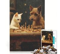 Rompecabezas de 1000 Piezas para Adolescentes: Gato y Perro Jugando al ajedrez, Juegos Divertidos, Actividades para Disfrutar en casa, Juego con un diseño Precioso 38x52cm