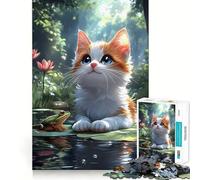 Rompecabezas de 1000 Piezas para Adolescentes Gato y Rana turcos en una Hoja de nenúfar Juego de Mesa para concentrarse y divertirse Arte de Pared navideño (50x75cm)