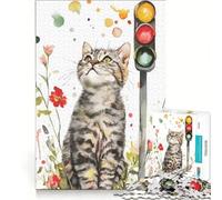 Rompecabezas de 1000 Piezas para Adolescentes: Gato y semáforo en Acuarela, decoración de Pared, Regalo de cumpleaños, para Fortalecer el Amor Entre Parejas 38x52cm