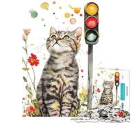 Rompecabezas de 1000 Piezas para Adolescentes Gato y semáforo en Acuarela difícil y desafiante decoración de Pared Juguetes DIY para Mayores de 14 años Juego de Rompecabezas Incluido (38x52cm)
