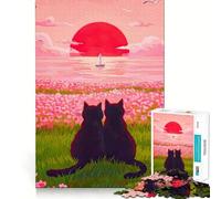 Rompecabezas de 1000 Piezas para Adolescentes Gatos,Atardecer,Campo de Flores,articulaciones Finas,Divertido,Juego de ingenio,Juego Acogedor,Regalo de cumpleaños (38x52cm)