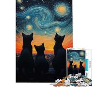 Rompecabezas de 1000 Piezas para Adolescentes Gatos bajo la Noche Estrellada Juego Educativo Juguetes didácticos Regalo Ideal para Aprender a Hacer Arte Corte de precisión (Tamaño 38x26cm)