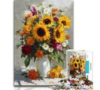 Rompecabezas de 1000 Piezas para Adolescentes: Girasoles en un jarrón 1000 Piezas para Pasar el rato en casa con póster y Hoja de Trivia a Juego (tamaño 75x50cm)
