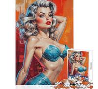 Rompecabezas de 1000 Piezas para Adolescentes: glamurosa Rubia Pin-up con Traje Azul Juguetes antiestrés Ideas de Regalo Juegos educativos con póster a Juego y Hoja de Trivia tamaño 38x52cm