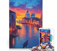 Rompecabezas de 1000 Piezas para Adolescentes Góndola al Atardecer en Venecia Juguete Educativo decoración para el hogar con póster y Hoja de Preguntas a Juego 38x26cm