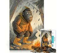 Rompecabezas de 1000 piezas para adolescentes Gorila de dibujos animados acampando bajo la lluvia,arte de corte fino,entrenamiento de concentración,juego divertido para momentos de tranquilidad,regalo