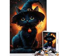 Rompecabezas de 1000 Piezas para Adolescentes Halloween Gato Negro con Sombrero de Bruja Juguete Educativo Regalos para Mujeres y Hombres Juegos de relajación interacción Entre Padres e Hijos 50x75cm