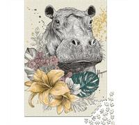 Rompecabezas De 1000 Piezas para Adolescentes Hippopotamus with Flowers Art Print Rompecabezas para Adultos Juguetes De Bricolaje Difícil Difícil Diversión En El Hogar Actividades, 38x26cm/1000pcs
