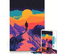 Rompecabezas de 1000 Piezas para Adolescentes Hombre en la Cima de una montaña,ilustración artística Minimalista Retro,Corte preciso,Juego de lógica,Juego Tranquilo,decoración navideña,Regalo 38x26cm