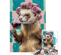Rompecabezas de 1000 Piezas para Adolescentes Hurón con rulos Bebiendo Vino Pintura Rompecabezas para Adolescentes Juego Familiar Decoración de Pared Difícil y desafiante (Tamaño 50x75cm)