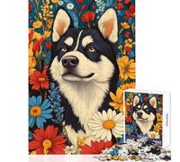 Rompecabezas de 1000 Piezas para Adolescentes Husky Entre Flores Juego Educativo para Mejorar la Memoria Juguete Educativo para Relajarse y estimular el intelecto (50x75cm)