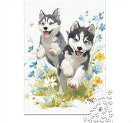 Rompecabezas De 1000 Piezas para Adolescentes Husky Puppies Playing in Flowers Rompecabezas para Adultos Juegos Familiares Mejora La Memoria Cumpleaños Y Navidad 38x26cm/1000pcs