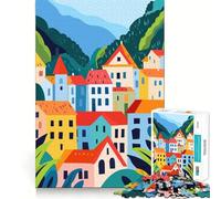 Rompecabezas de 1000 Piezas para Adolescentes Ilustración Abstracta Minimalista de un Pueblo Europeo Colorido,Arte de Bordes precisos,Juego para ejercitar la Mente,Regalo de cumpleaños (38x52cm)