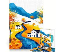 Rompecabezas de 1000 Piezas para Adolescentes Ilustración de Paisaje otoñal en un Pueblo Arte de Corte Limpio Juego Creativo Juguete Juego Relajante Arte (38x52cm)