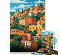Rompecabezas de 1000 Piezas para Adolescentes Ilustración de Paisaje Urbano de Fez,Marruecos Arte de Corte preciso Juguete Inteligente para ejercitar Tiempo de Juego Actividad de cumpleaños