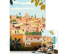 Rompecabezas de 1000 Piezas para Adolescentes Ilustración de Paisaje Urbano de Fez,Marruecos Corte Suave Juguete para ejercitar la Mente Tiempo de Juego Relajante Actividad de cumpleaños (38x26cm)