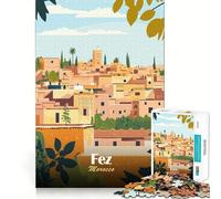 Rompecabezas de 1000 Piezas para Adolescentes Ilustración de Paisaje Urbano de Fez,Marruecos Corte Suave Juguete para ejercitar la Mente Tiempo de Juego Relajante Actividad de cumpleaños (50x75cm)