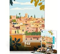 Rompecabezas de 1000 Piezas para Adolescentes Ilustración de Paisaje Urbano de Fez,Marruecos Diseño de Corte Fino Juego Mental Regalo Ideal para Relajarse y divertirse en cumpleaños (38x52cm)