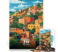 Rompecabezas de 1000 Piezas para Adolescentes Ilustración de Paisaje Urbano de Fez,Marruecos Juego de lógica Divertido y preciso Juego Tranquilo Regalo de decoración navideña (50x75cm)