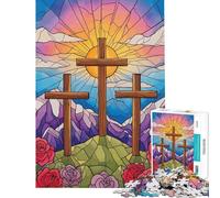 Rompecabezas de 1000 Piezas para Adolescentes Ilustración de Tres Cruces en vidriera Juego práctico Que Requiere análisis y lógica Ideal para Mayores de 14 años (38x52cm)