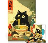 Rompecabezas de 1000 piezas para adolescentes Ilustración de un gato negro comiendo ramen Arte de bordes precisos Juego divertido y acogedor para resolver problemas Exhibición de arte navideña 38x26cm