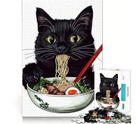 Rompecabezas de 1000 Piezas para Adolescentes Ilustración de un Gato Negro Comiendo Ramen,Corte Suave,Arte,Juego Mental,Regalo,Tiempo de Juego Relajante,Navidad,Arte de Ocio (38x52cm)