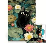 Rompecabezas de 1000 piezas para adolescentes Ilustración de un gato negro en un estanque de nenúfares Arte de corte preciso Juego que estimula la mente,ideal para relajarse o como pasatiempo navideño