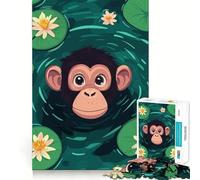 Rompecabezas de 1000 Piezas para Adolescentes ilustración de un Mono de Dibujos Animados en un Estanque de nenúfares de Bordes precisos Juego Divertido y Relajante para Entrenar la Mente Regalo