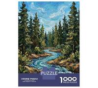 Rompecabezas De 1000 Piezas para Adolescentes Impressionist River Through Pine Forest Rompecabezas para Adultos Juego De Ingenio Ensamblaje De Patrones Desafiante De Completar 52x38cm/1000pcs