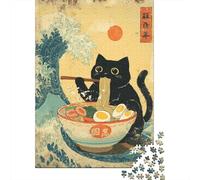 Rompecabezas De 1000 Piezas para Adolescentes Japanese Cat Ramen Wave Rompecabezas para Adultos Juegos Familiares Mejora La Memoria Cumpleaños Y Navidad 52x38cm/1000pcs
