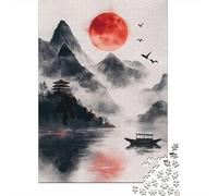 Rompecabezas De 1000 Piezas para Adolescentes Japanese Landscape with Red Moon Rompecabezas para Adultos Juegos Relajantes Corte De Precisión Regalos Y Cumpleaños Únicos 52x38cm/1000pcs