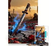 Rompecabezas de 1000 piezas para adolescentes Katana rota en un campo de batalla con llamas azules Diseño de corte fino Juego de concentración ideal para disfrutar de momentos de paz y ocio en Navidad