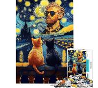 Rompecabezas de 1000 Piezas para Adolescentes La Noche Estrellada con Gatos y Arte de Vincent Van Gogh Rompecabezas para Adultos Alivia el estrés Ideal para la interacción Entre Padres e Hijos Regalo