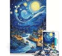 Rompecabezas de 1000 Piezas para Adolescentes La Noche Estrellada el Pueblo de Van Gogh Juegos educativos interacción Entre Padres e Hijos 38x52cm