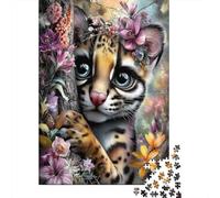 Rompecabezas De 1000 Piezas para Adolescentes Leopard Cub with Flowers Rompecabezas para Adultos Juego Práctico Montaje De Patrones Diversión En Casa Actividades, 70x50cm/1000pcs