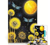 Rompecabezas de 1000 Piezas para Adolescentes: Libélulas y Dientes de león bajo una Luna Amarilla Juego Educativo, Regalo de cumpleaños, Toda la Familia 38x52cm