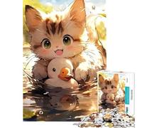 Rompecabezas de 1000 Piezas para Adolescentes Lindo Gatito con un Patito de Juguete en el Agua Ayuda a ejercitar el Cerebro Juegos relajantes y difíciles Apto para Mayores de 14 años 38x52cm