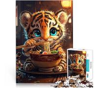 Rompecabezas de 1000 Piezas para Adolescentes Lindo Tigre Comiendo Ramen Diversión Familiar con póster a Juego y Hoja de Trivia 38x26cm