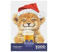 Rompecabezas De 1000 Piezas para Adolescentes Lion Cub in Santa Hat with Beer Rompecabezas para Adultos Juegos Relajantes Decoración del Hogar Actividades Divertidas En Casa 70x50cm/1000pcs