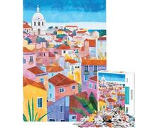 Rompecabezas de 1000 piezas para adolescentes Lisboa Portugal acuarela desafío educativo vacaciones en casa pasa el tiempo juguetes DIY para mayores de 14 años juego de rompecabezas ofrecido (50x75cm)