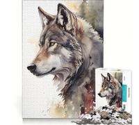 Rompecabezas de 1000 Piezas para Adolescentes Lobo Gris en Acuarela, Juego práctico, Mejora la Memoria, cumpleaños y Navidad 38x52cm