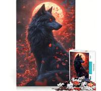Rompecabezas de 1000 Piezas para Adolescentes: Lobo Negro bajo la Luna de Sangre, Juegos Familiares, Mejora la Memoria, con póster y Hoja de Preguntas a Juego 50x75cm