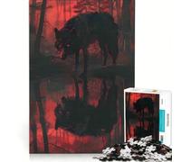 Rompecabezas de 1000 Piezas para Adolescentes: Lobo Negro, Reflejo en la Noche roja, Juegos relajantes, Carrera de Velocidad con Las Manos, Ideal para cumpleaños y Navidad 38x52cm