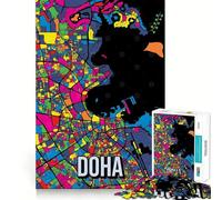 Rompecabezas de 1000 Piezas para Adolescentes,Mapa de la Ciudad de Doha,Qatar,Estilo Pop Art,Arte de Bordes precisos,Juego de Actividades para desarrollar la Mente,Regalo de cumpleaños (38x52cm)