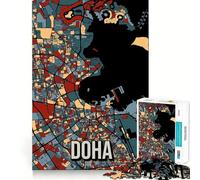 Rompecabezas de 1000 Piezas para Adolescentes Mapa de la Ciudad de Doha,Qatar Póster de Viaje Arte de Corte preciso Juguete Inteligente para ejercitar Tiempo de Juego Actividad de cumpleaños