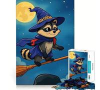Rompecabezas de 1000 Piezas para Adolescentes Mapache de Dibujos Animados,Bruja Volando en Escoba,Juego de Ajuste preciso,Juego Divertido para concentrarse,Tiempo Libre,decoración para la Pared